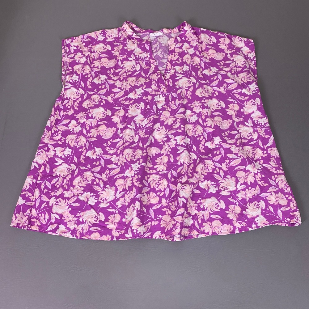 Emily Wonder Blouse Tunic Top 2X Purple Pink Floral Split V-Neck Sleeveless
